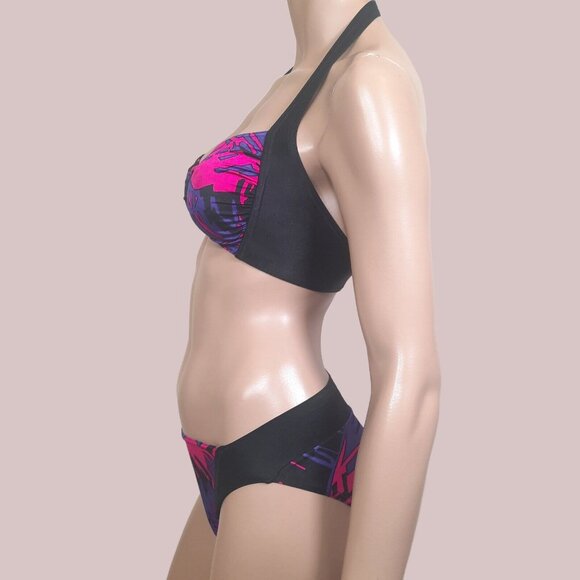 Vintage 90s High Cut Bikini Set Size XS Hot Pink Purple Black 2 Piece Halter - Picture 4 of 12